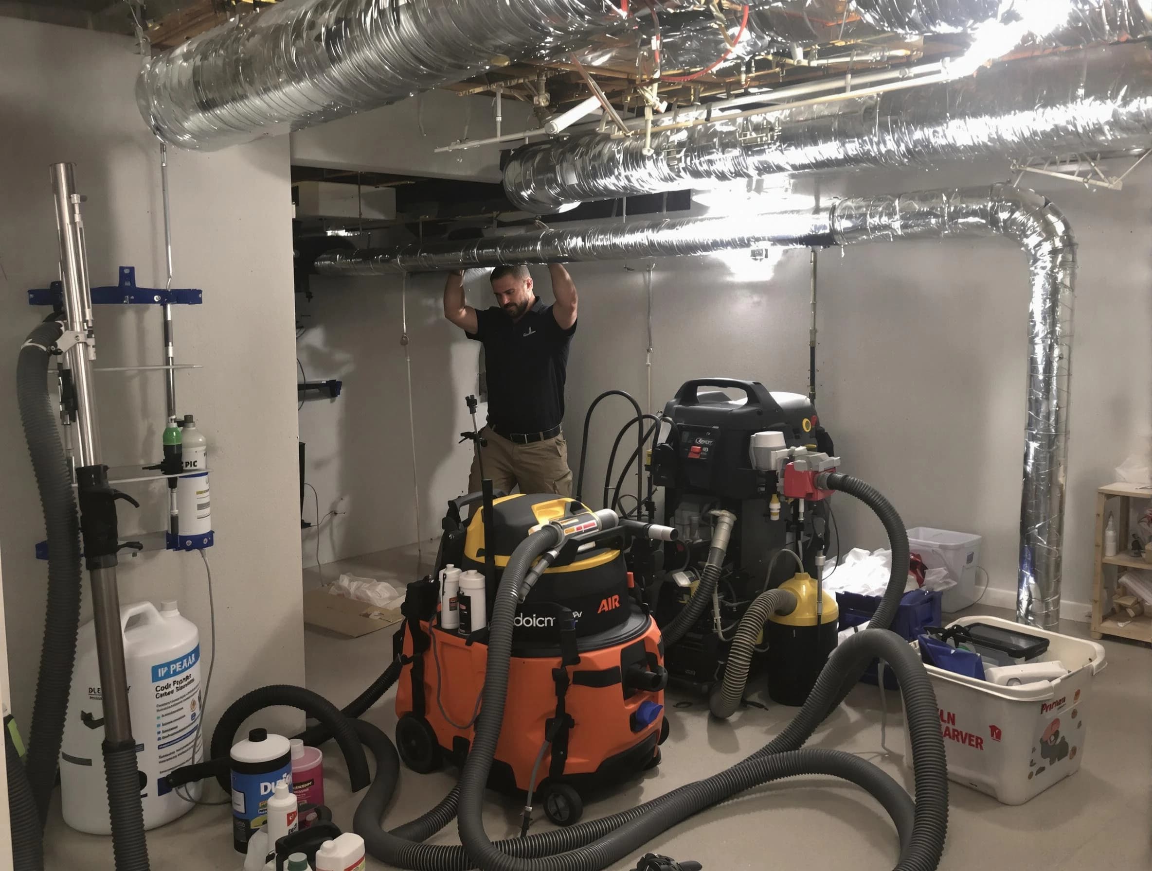 Lafayette Air Duct Cleaning specialist performing professional mold removal from air ducts using safety equipment in Lafayette