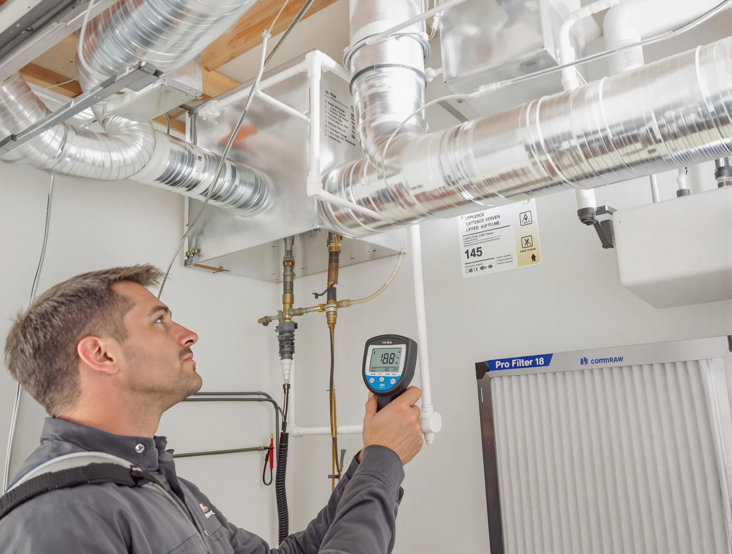 Lafayette Air Duct Cleaning expert conducting detailed filter system inspection using diagnostic tools in Lafayette