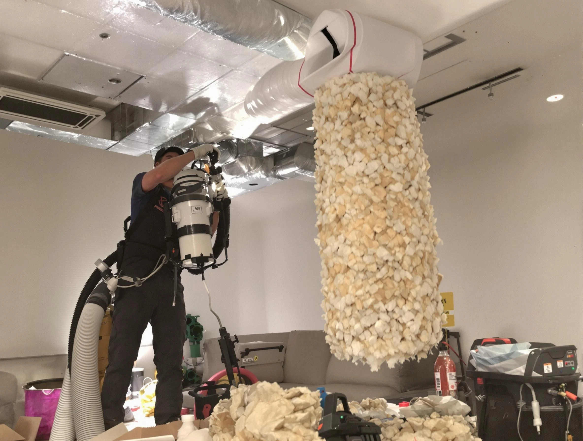Lafayette Air Duct Cleaning technician performing precision vacuum insulation removal in a residential property in Lafayette